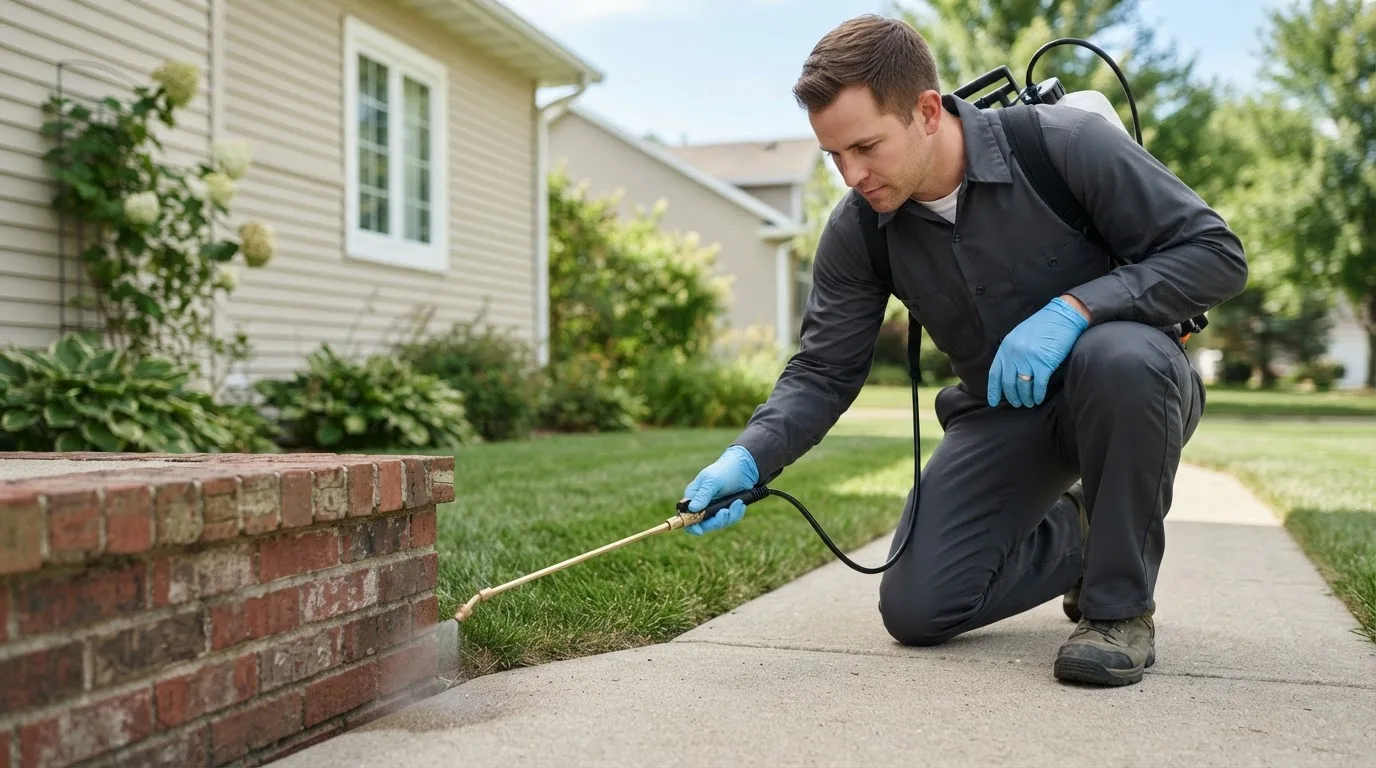 Pest control technician treating a home near Quarryville, PA